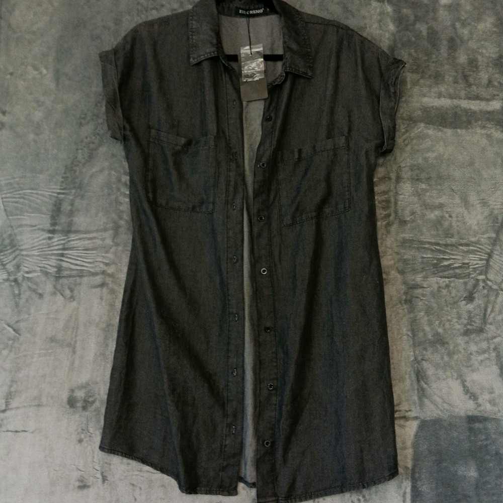NWT Zilcremo Shirt Dress‎ Womens M Black Short Sleeve Button Down Long Tunic Top